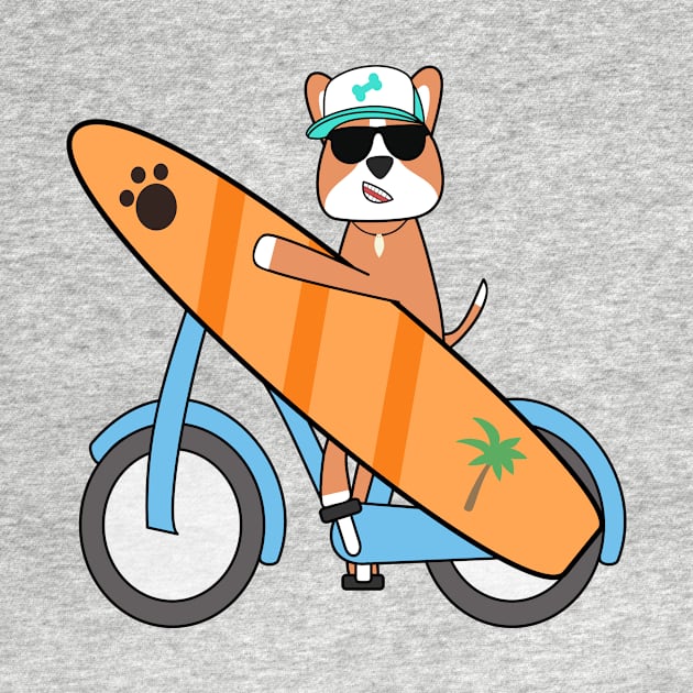 Kawaii surfer dog cycling and holding a surfboard by Ralph Hovsepian